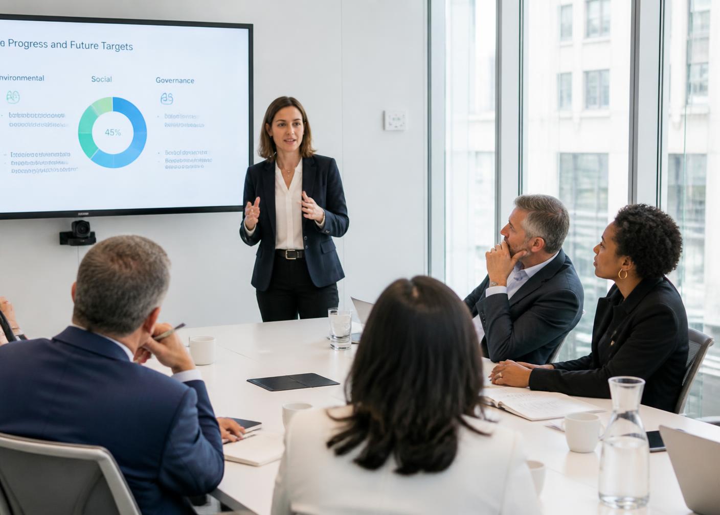 Directora de sostenibilidad presentando la estrategia ESG a un comité ejecutivo