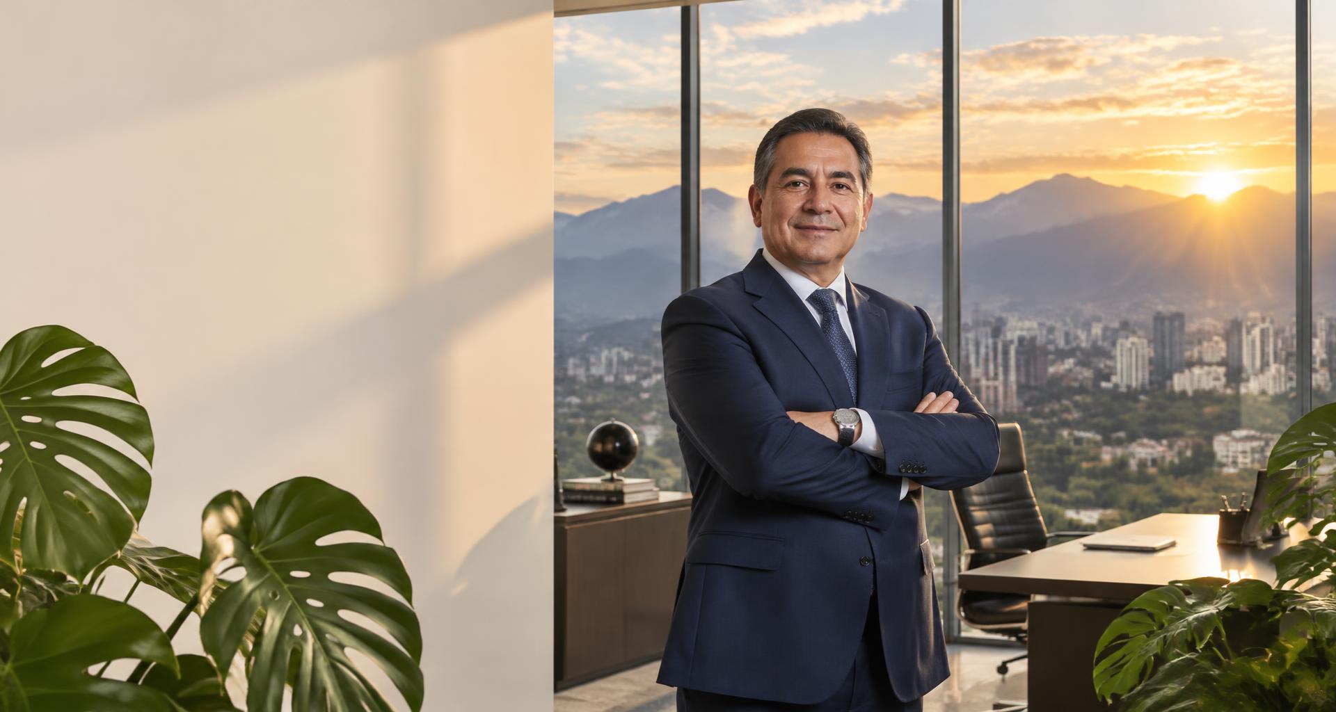 Directivo latinoamericano en una oficina moderna con vista a las montañas al amanecer